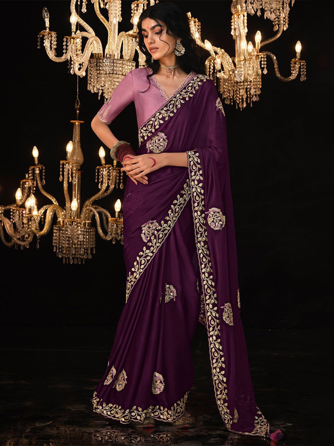 

MySilkLove Ethnic Motifs Embroidered Satin Purple Saree