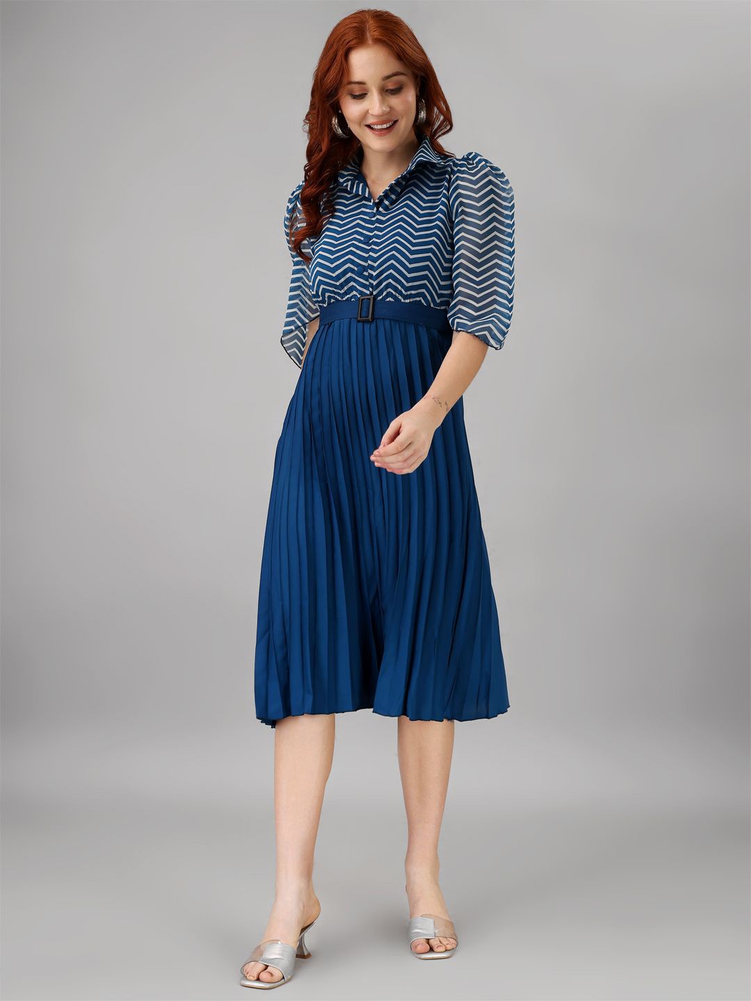 

Femvy Striped Georgette Fit & Flare Midi Dress, Blue