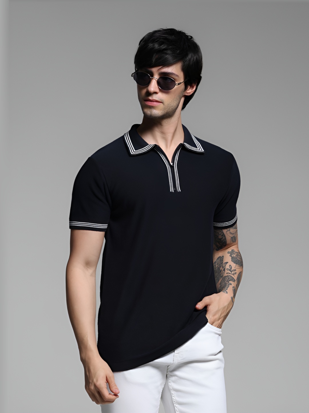 

Jack & Jones Men Solid Polo Collar Cotton T-Shirt, Navy blue