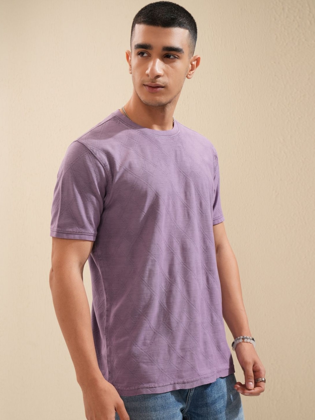 

HIGHLANDER Men Solid Round Neck Cotton T-Shirt, Purple