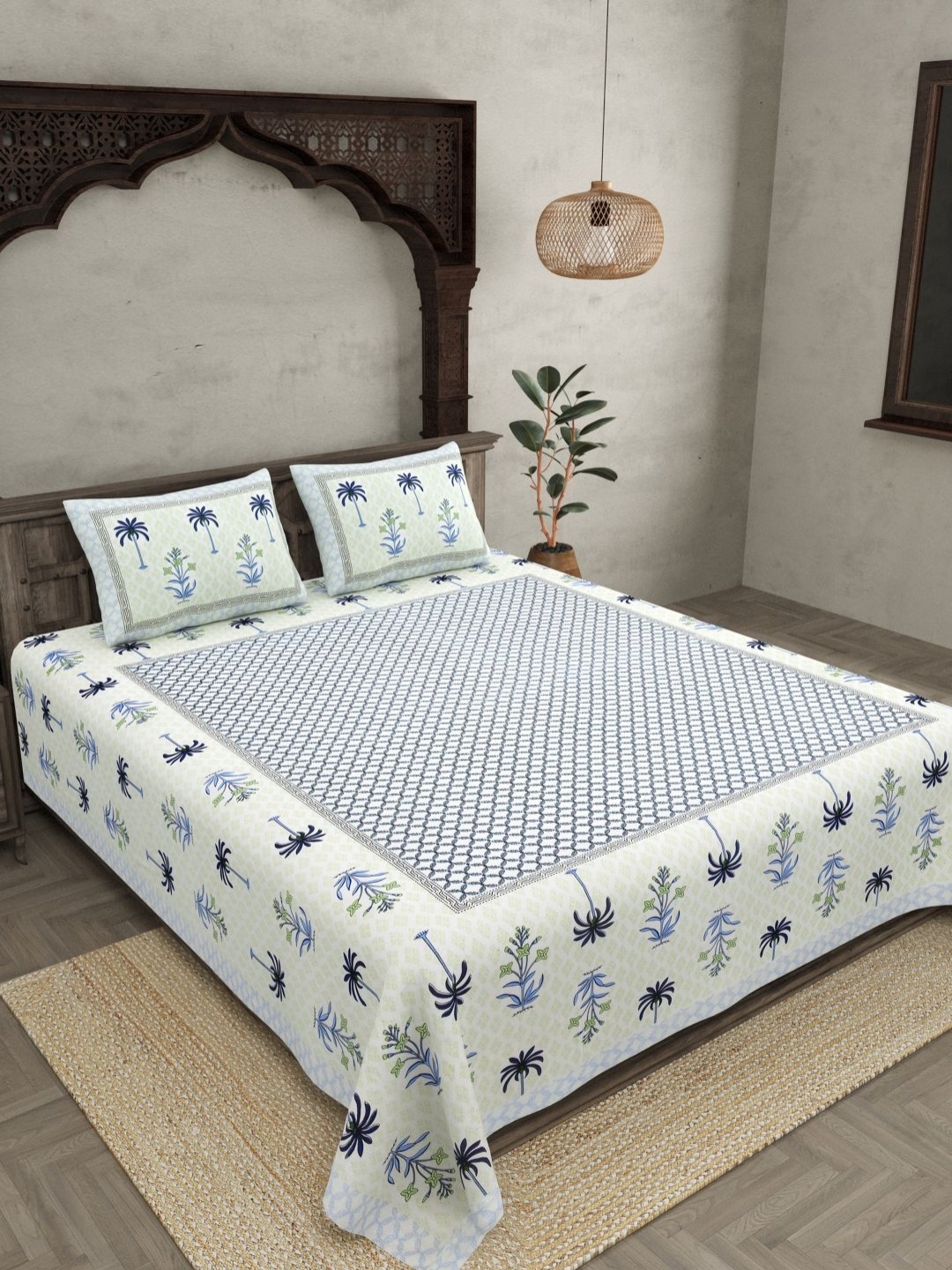 

JAIPUR FABRIC Blue Ethnic Motifs 144 TC Pure Cotton King Bedsheet with 2 Pillow Covers