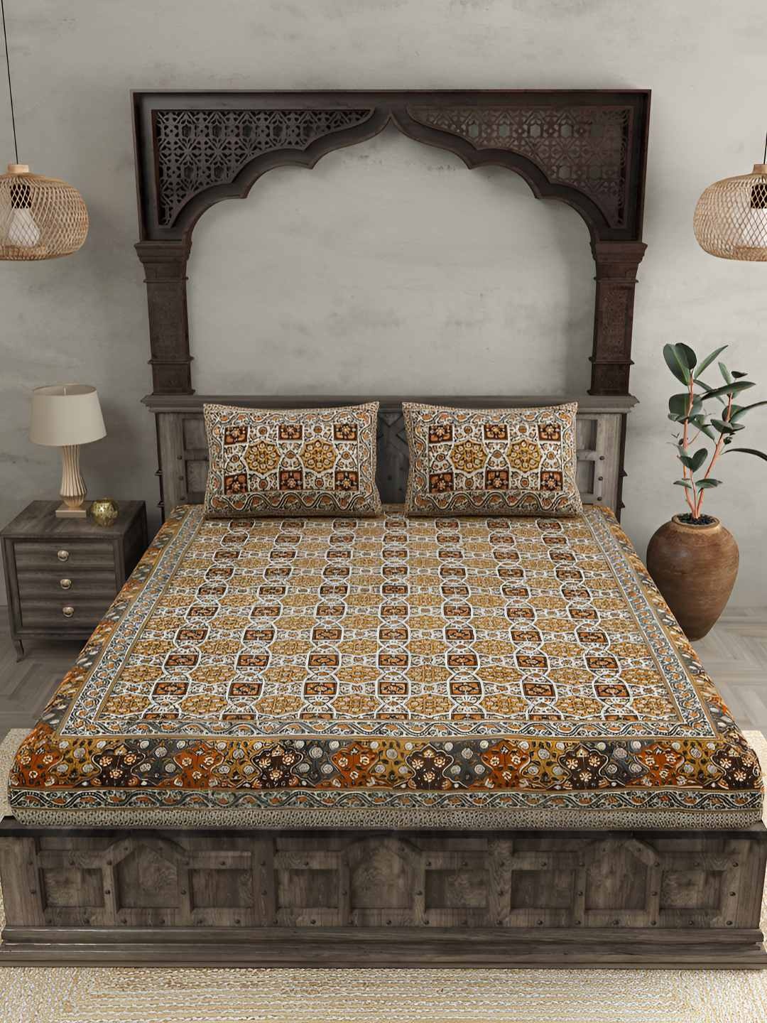 

BED-SHEET.COM Brown & White Pure Cotton Floral 144 TC King Bedsheet with 2 Pillow Covers