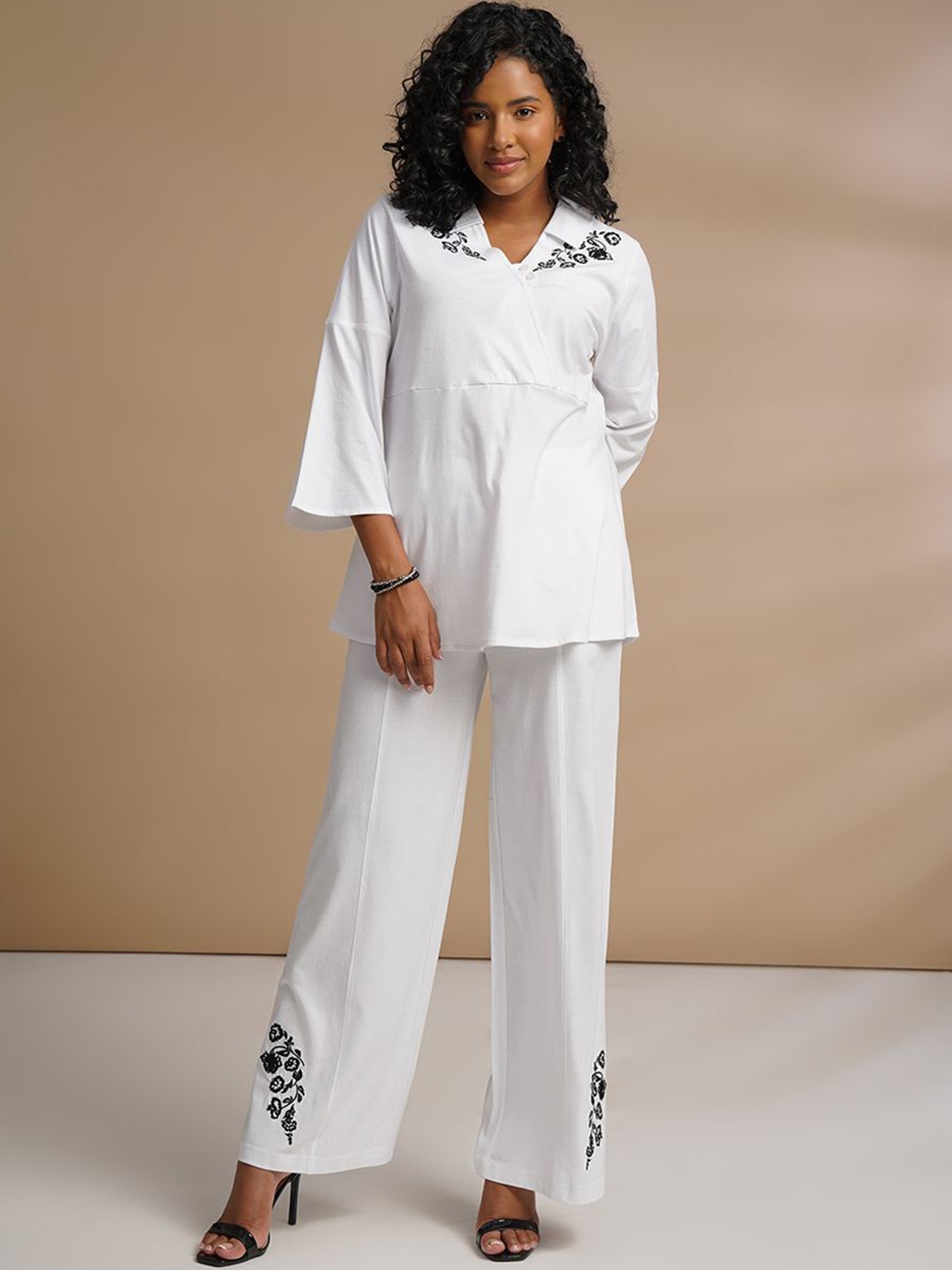 

ONE SKY Embroidered Tunic Top With Palazzos Co-Ords, White