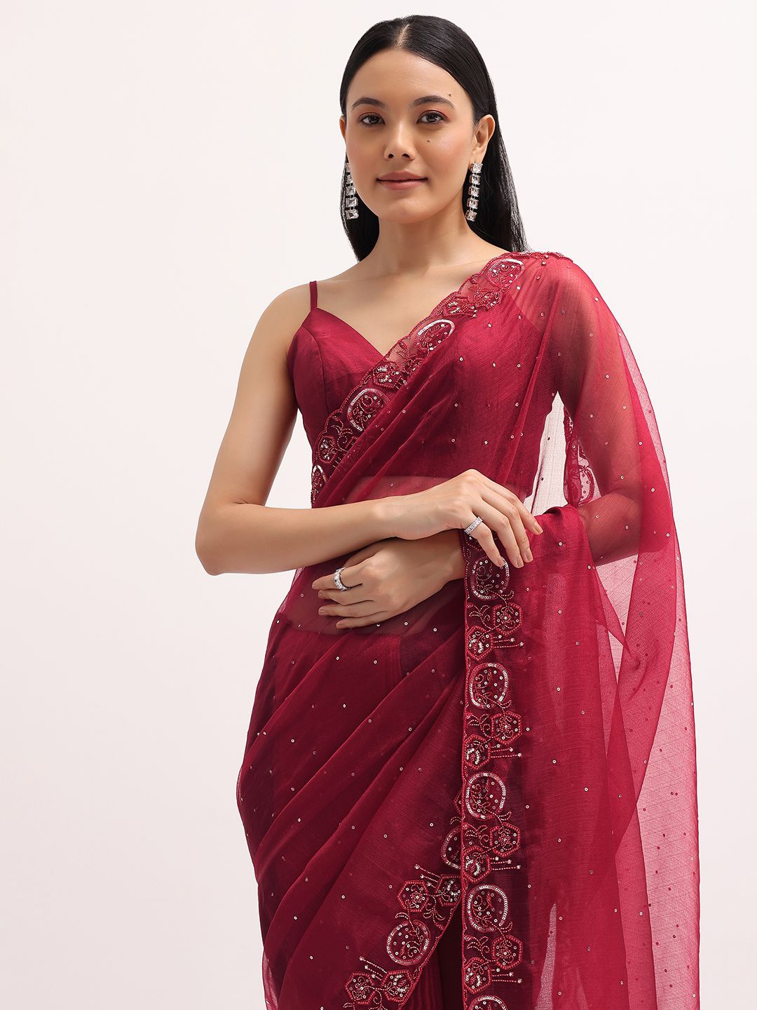 

KALKI Fashion Embellished Beads and Stones Organza Saree, Red