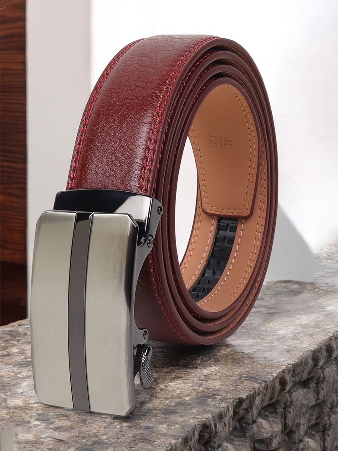 

INVICTUS Men Slider Buckle Closure Textured Casual Belt, Red