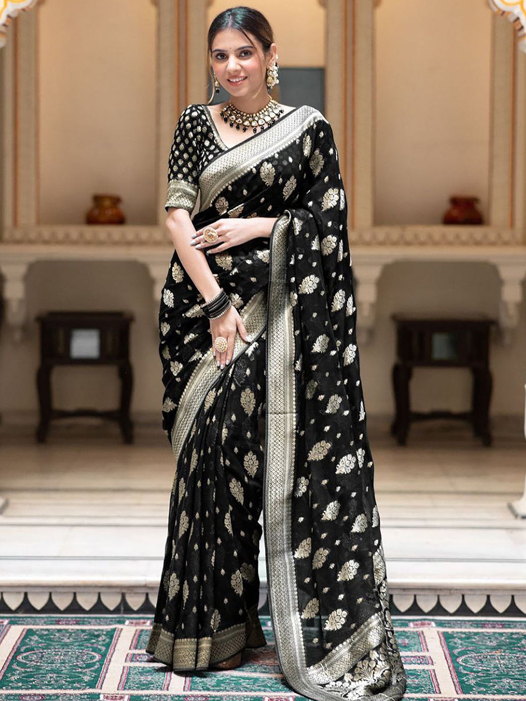 

Anjaneya Sarees Woven Design Zari Silk Blend Banarasi Saree, Black