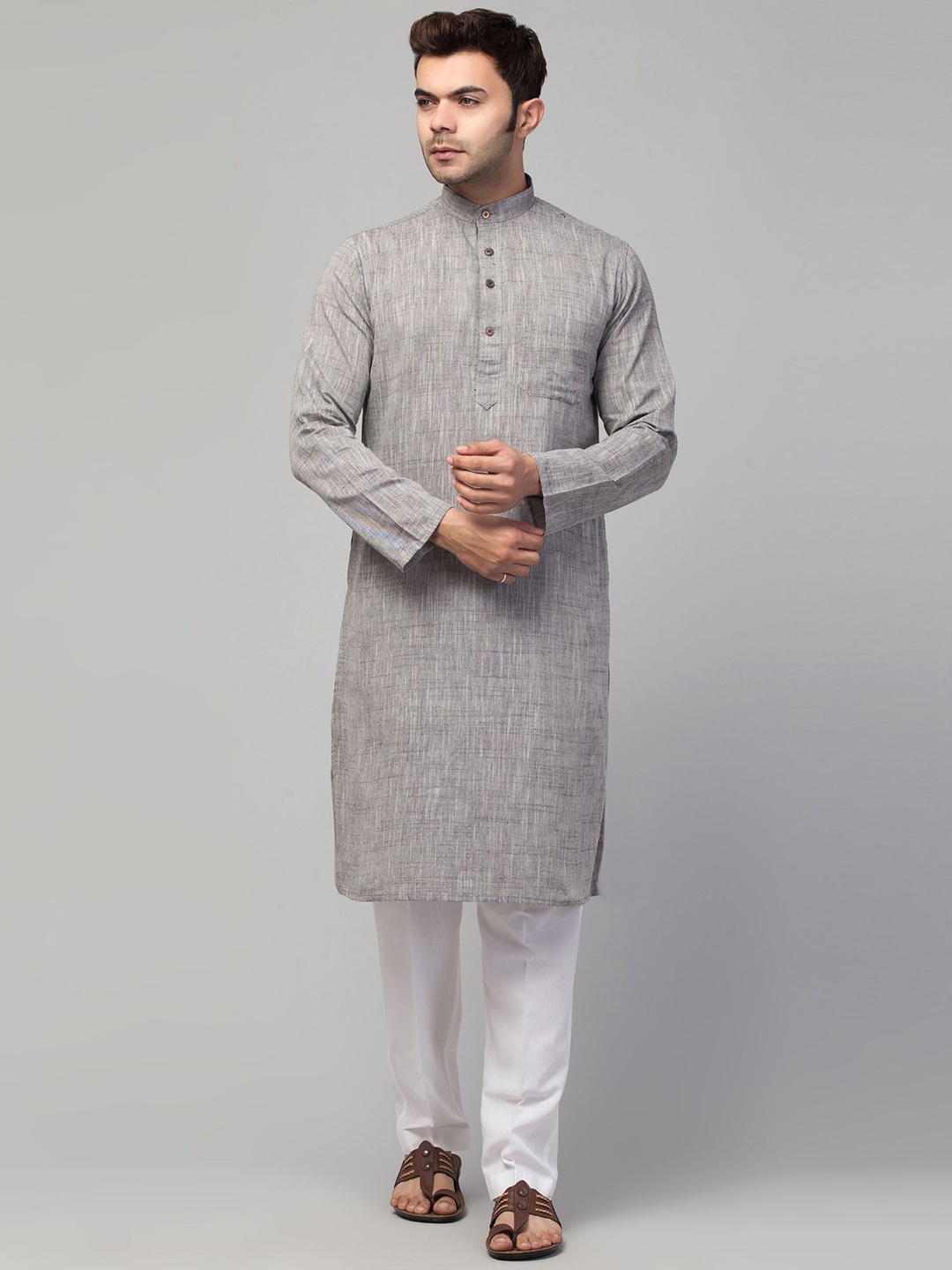 

MUSHKIYA Band Collar Pure Cotton Straight Kurta, Grey