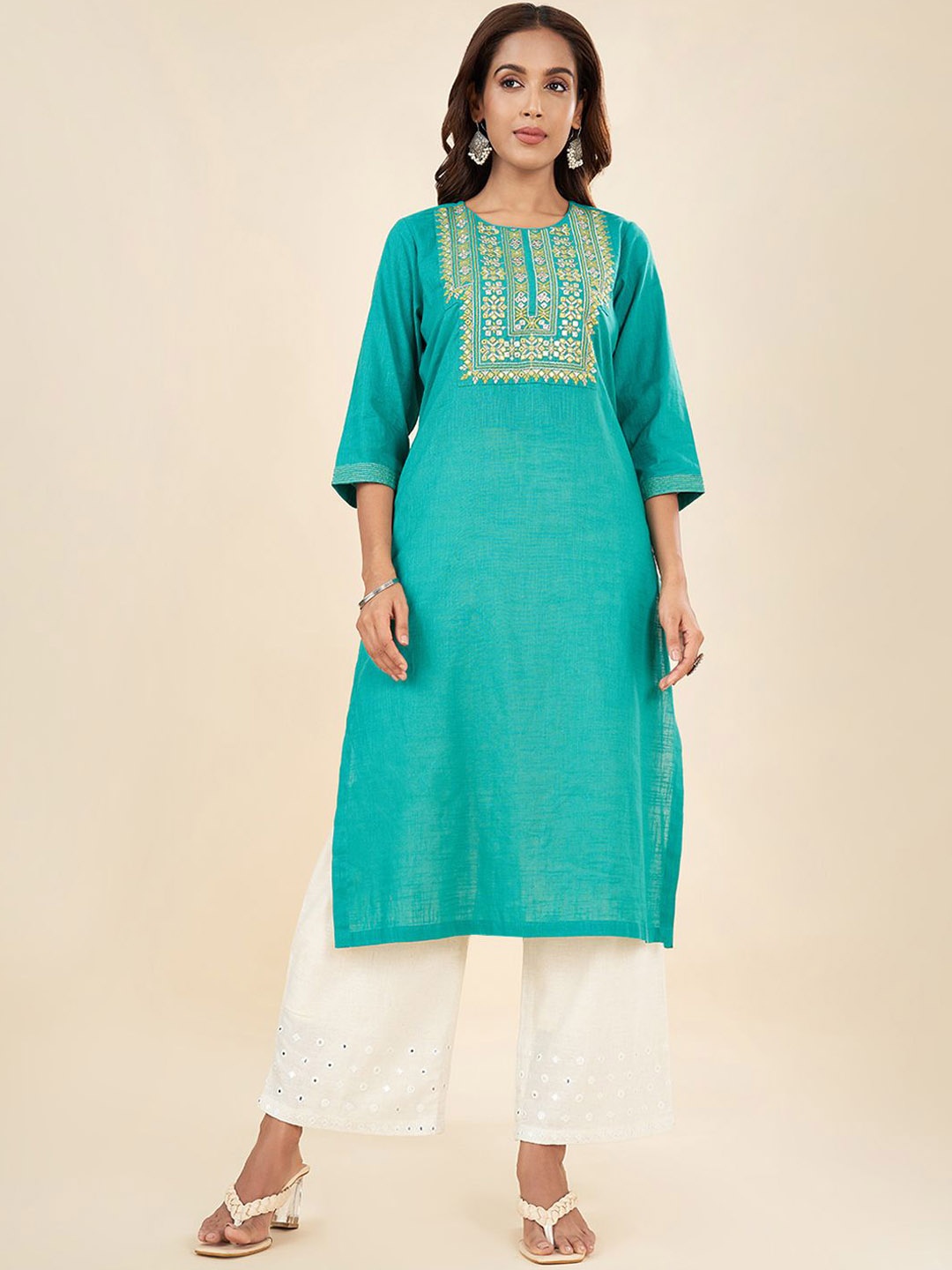 

RANGMANCH BY PANTALOONS Ethnic Motifs Embroidered Mirror Work Cotton Linen Kurta, Blue