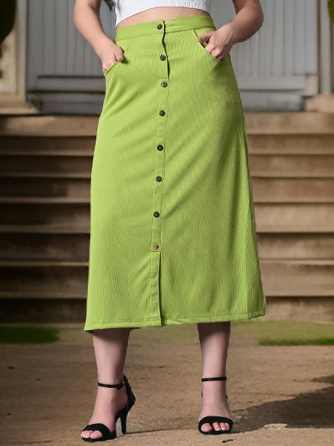 

Myshka Ribbed A-Line Midi Skirt, Green