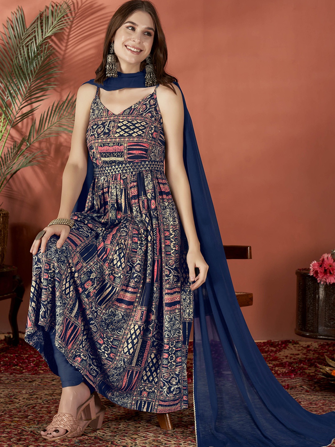 

Anouk Navy Blue Ethnic Motifs Printed Shoulder Straps Anarkali Kurta with Churidar&Dupatta