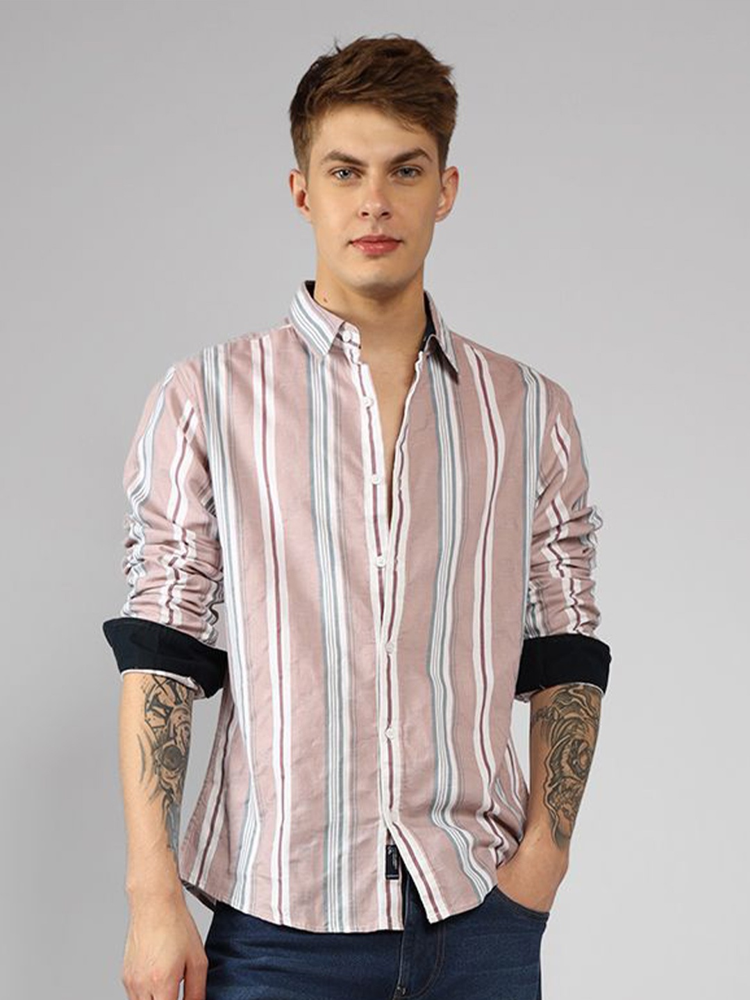 

Dennis Lingo Spread Collar Vertical Striped Textured Cotton Casual Shirt, Pink