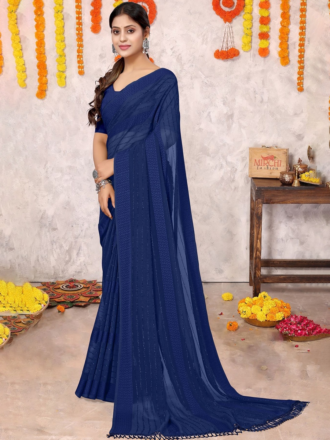 

MIRCHI FASHION Embellished Poly Georgette Saree, Navy blue