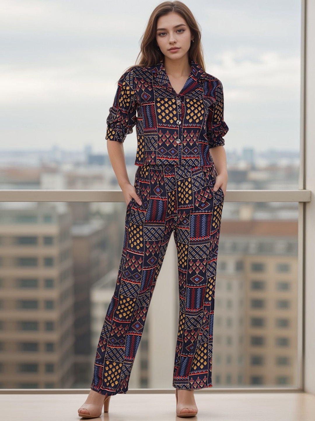 

BAESD Printed Crop Shirt With Trouser Co-Ords, Navy blue
