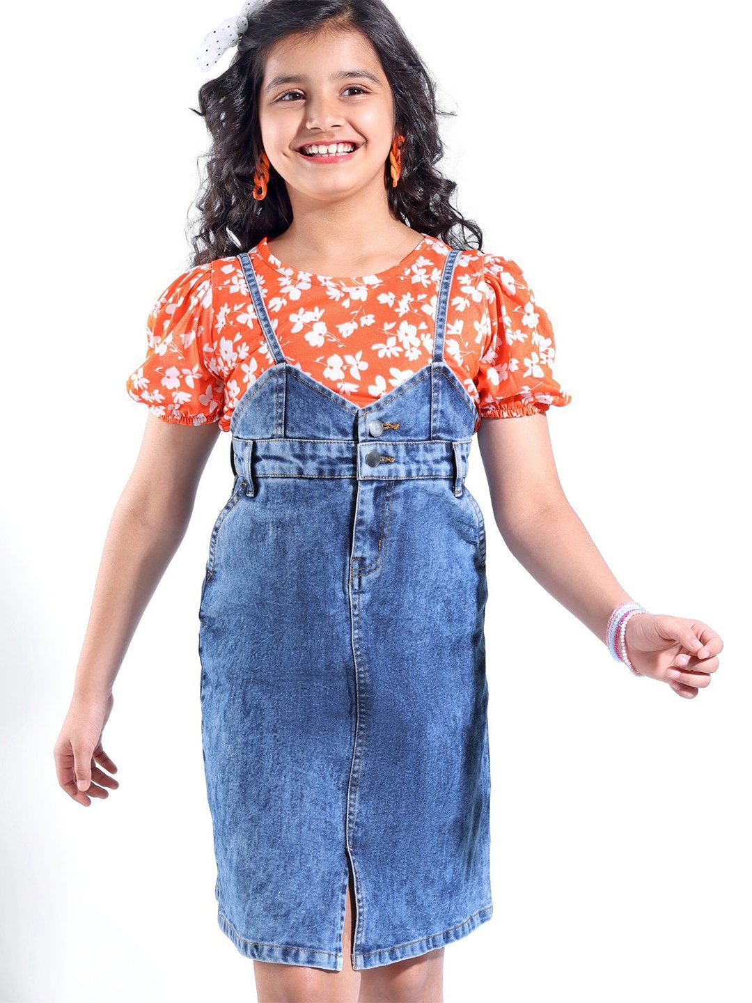 

Hola Bonita Girls Printed Denim Pinafore Dress, Blue