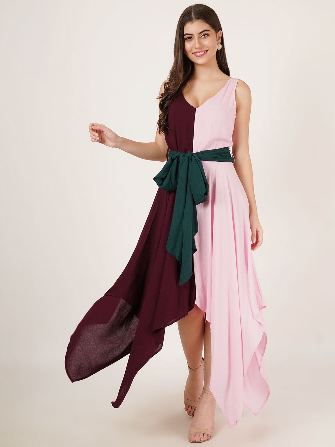 

Karmic Vision Colourblocked Georgette Fit & Flare Midi Dress, Pink