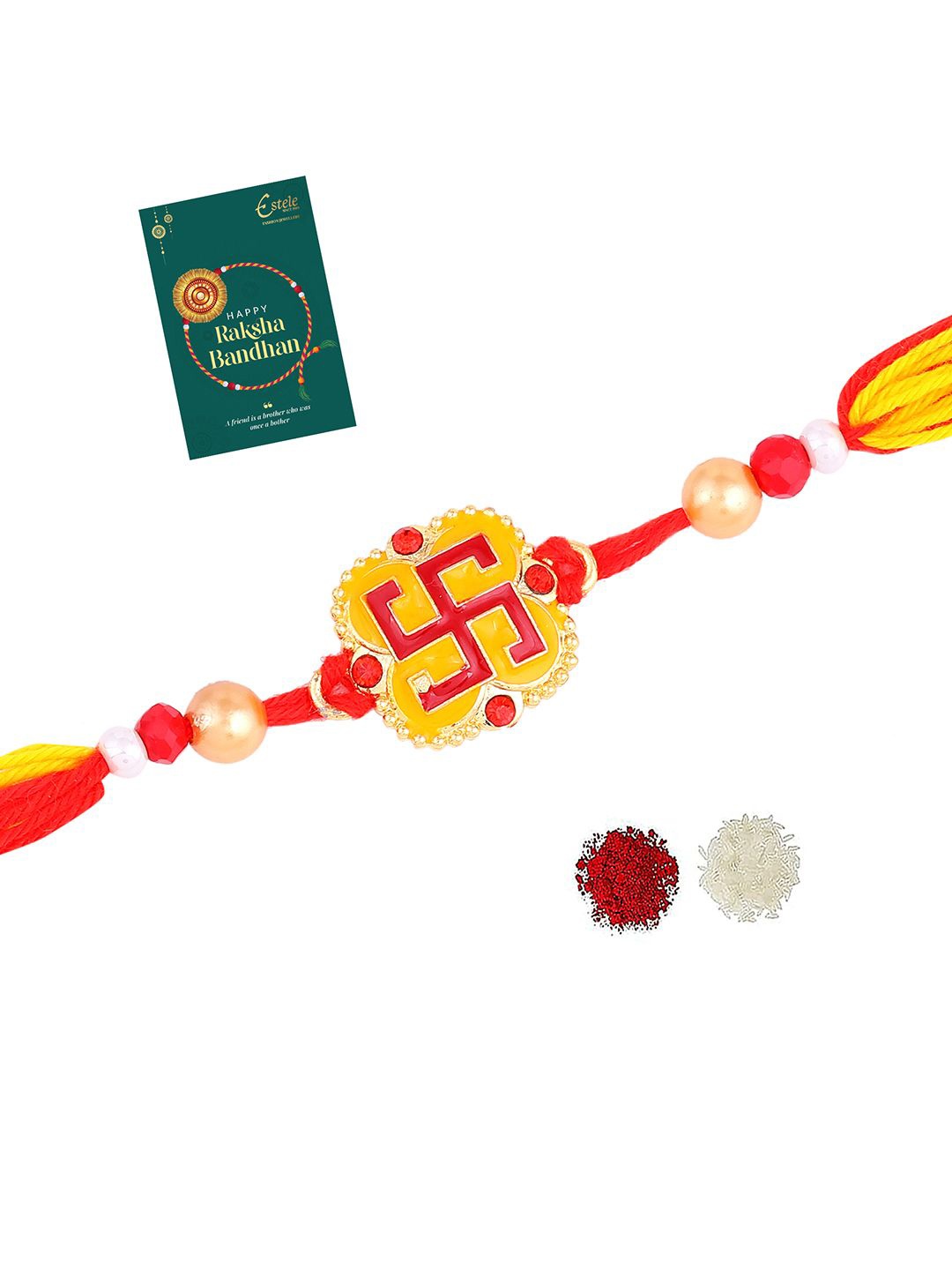 

Estele Gold Plated Swastik Gehana Rakhi With Roli Chawal & Greeting Card, Red