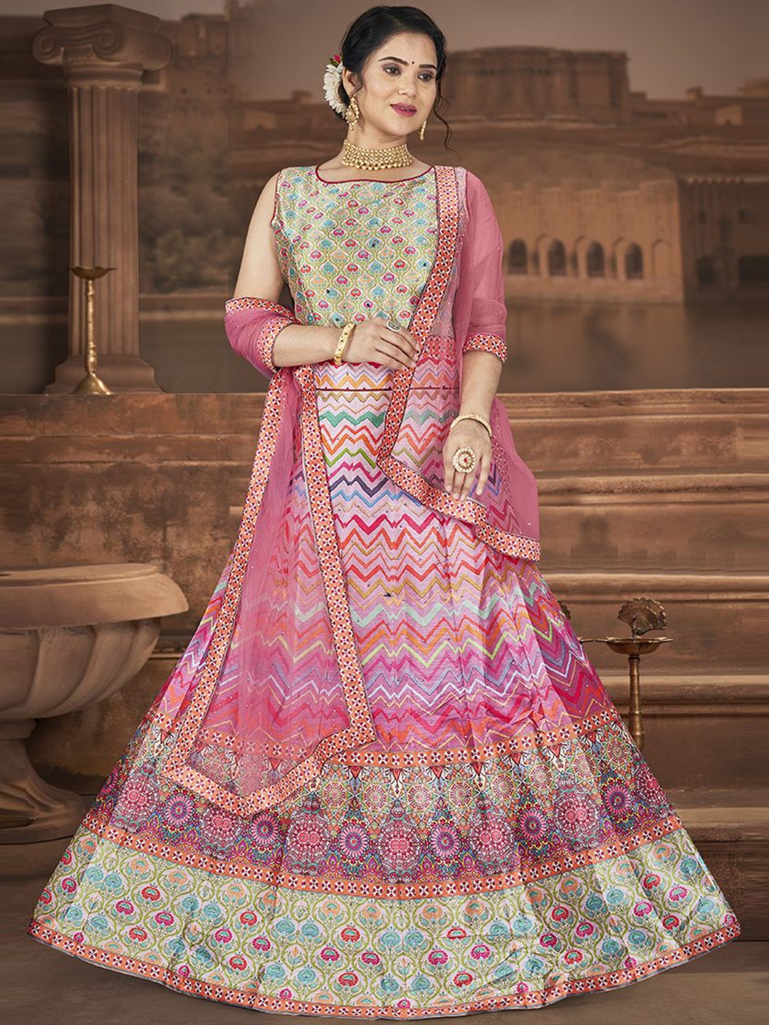 

EthnicTree Digital Printed & Embroidered Fit & Flared Maxi Dress With Dupatta, Pink