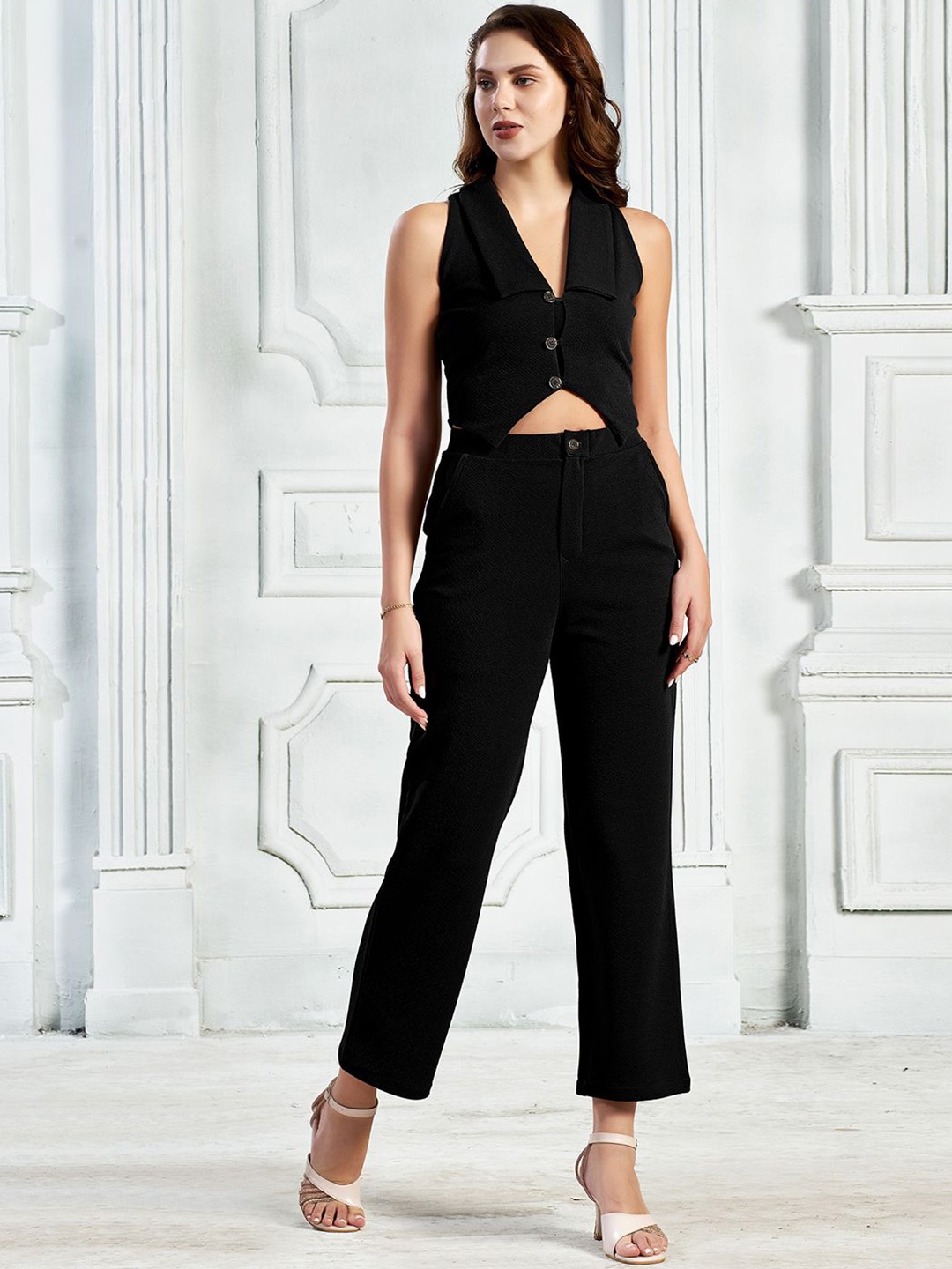 

Selvia Shirt Collar Top With Trouser, Black