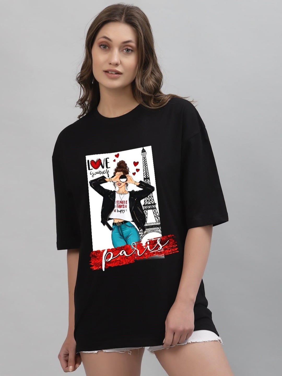 

Gavin Paris Women Graphic Printed Pure Cotton Bio Finish Oversized T-shirt, Black