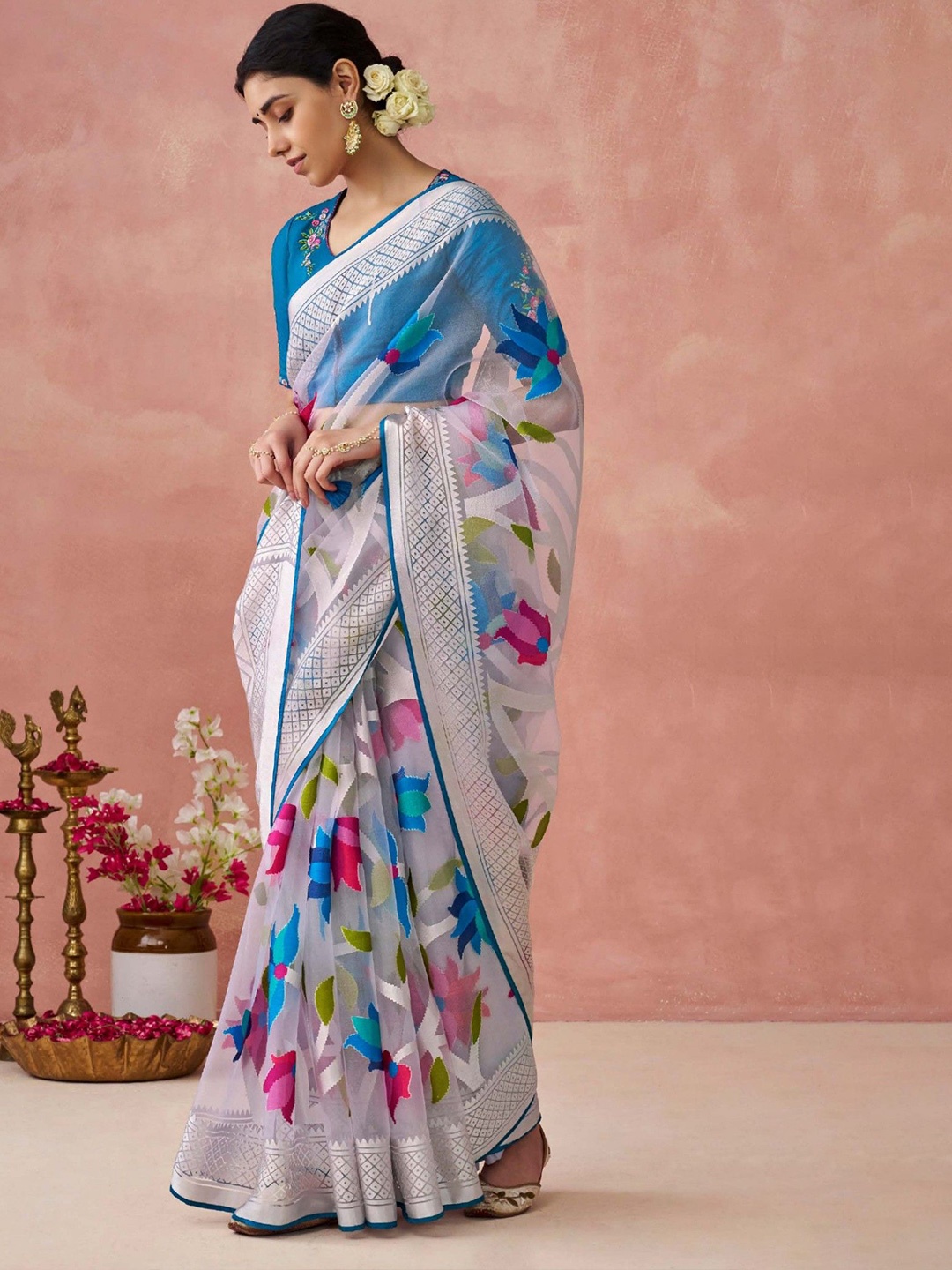 

MySilkLove Floral Brasso Saree, White