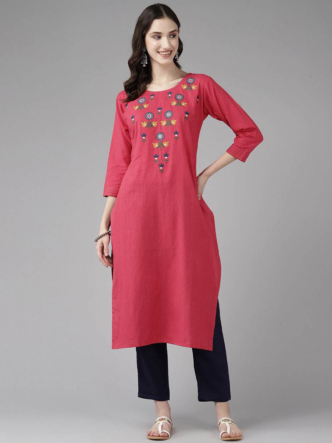 

BAESD Floral Embroidered Cotton Straight Kurta, Pink