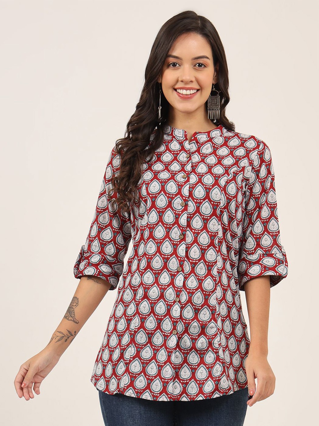 

KALINI Women Abstract Printed Mandarin Collar Cotton Top, Maroon