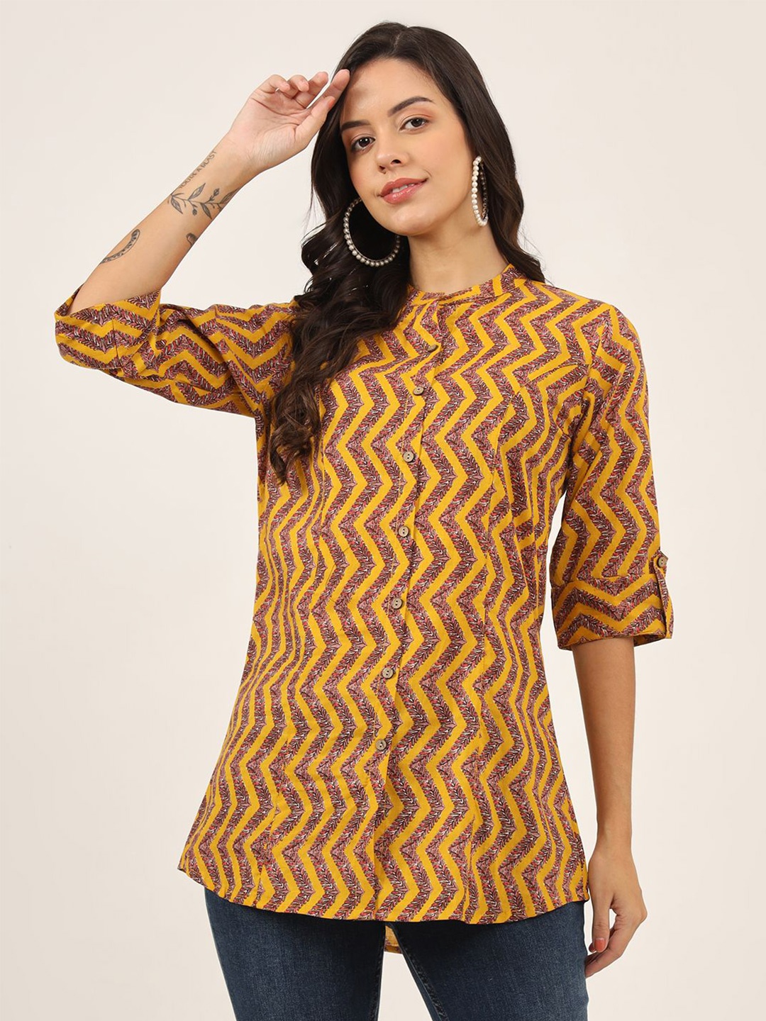 

KALINI Women Abstract Printed Mandarin Collar Cotton Top, Mustard