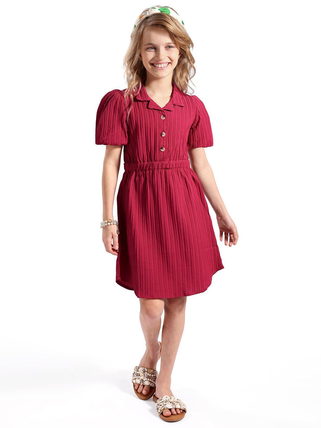 

Hola Bonita Girls Puff Sleeve Shirt Dress, Maroon