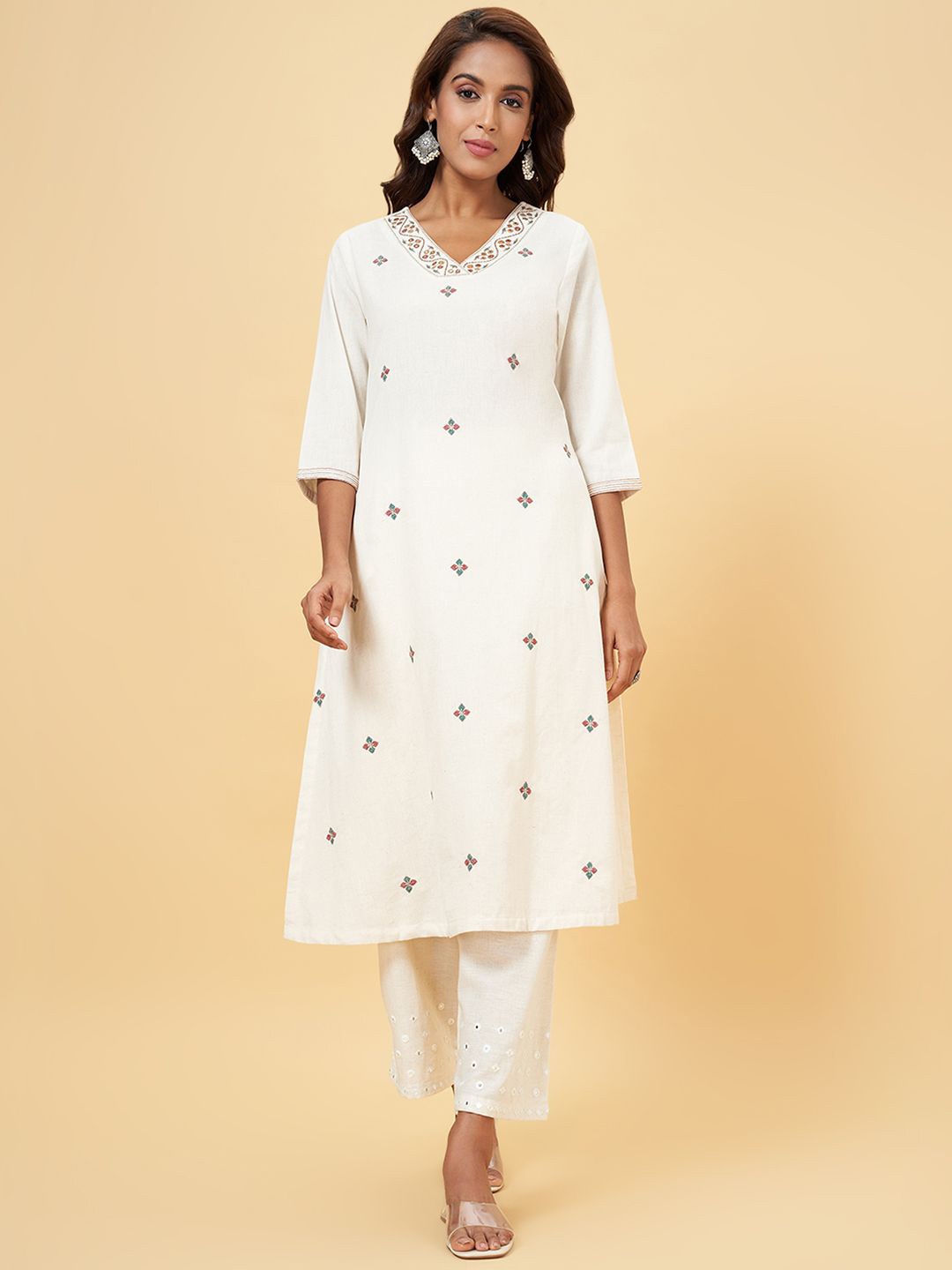 

RANGMANCH BY PANTALOONS Ethnic Motifs Embroidered V-Neck Mirror Work Kurta, Beige