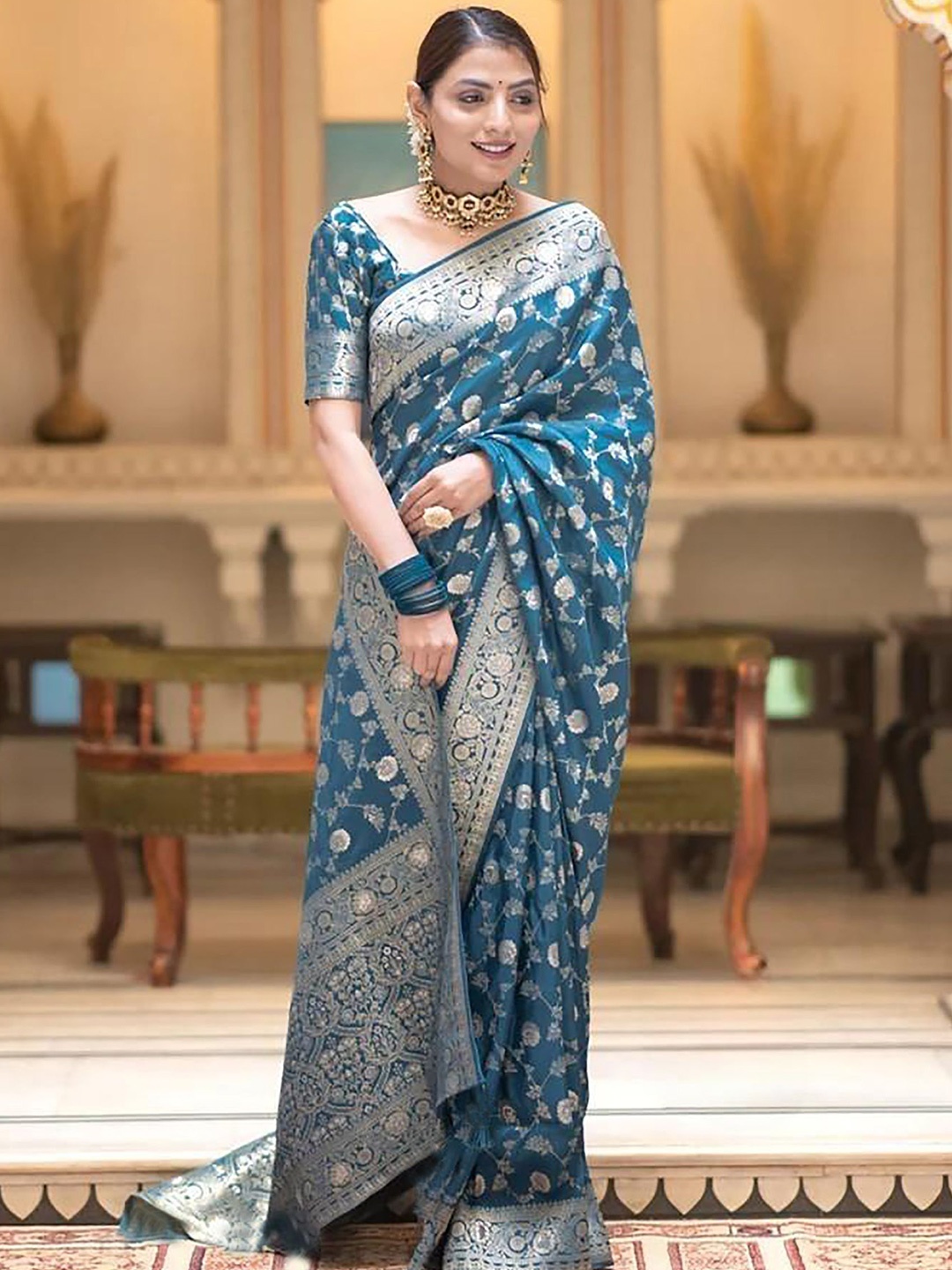 

Anjaneya Sarees Woven Design Ethnic Motifs Zari Banarasi Saree, Teal
