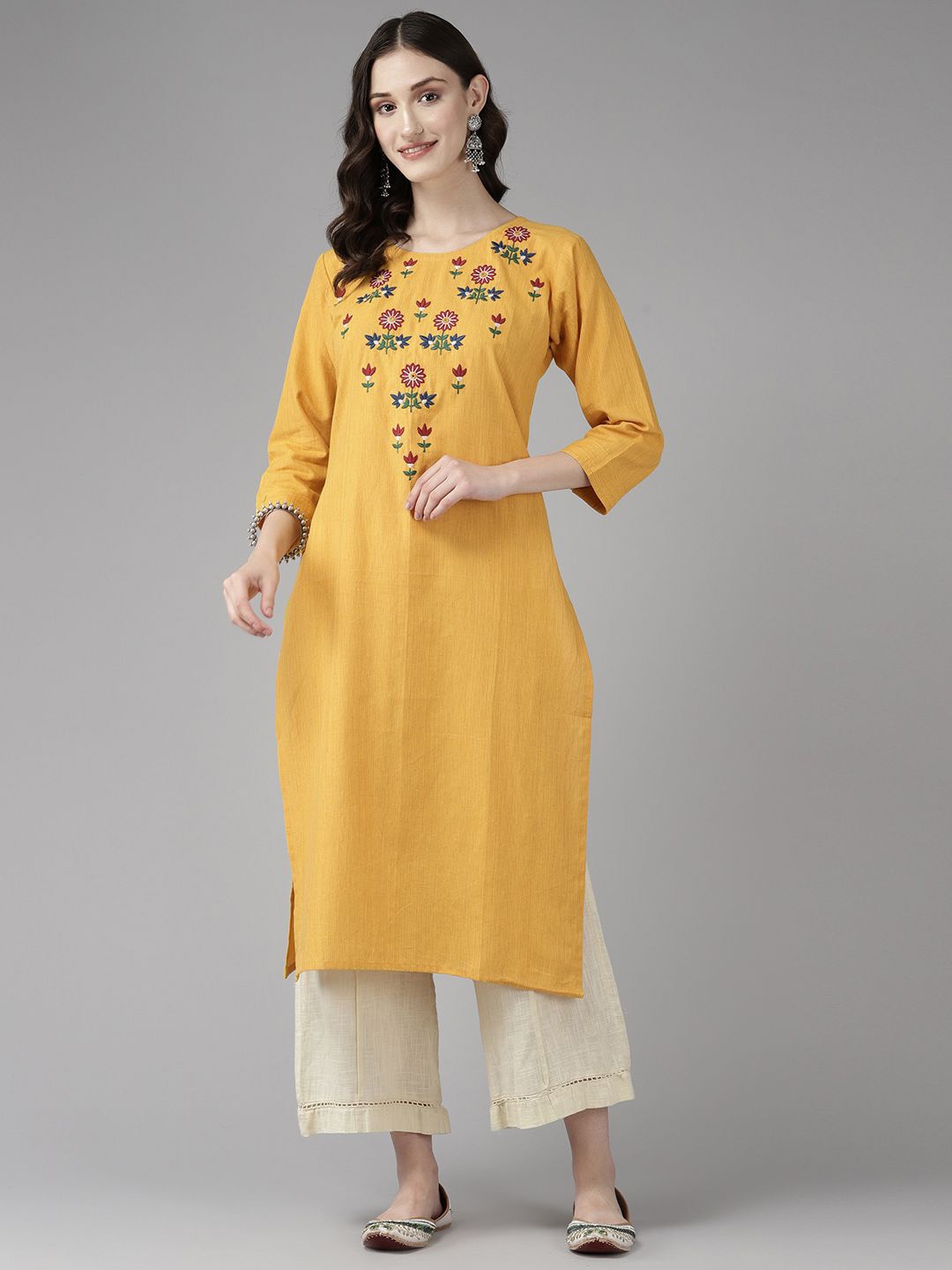 

BAESD Floral Yoke Design Round Neck Thread Work Pure Cotton Straight Kurta, Yellow