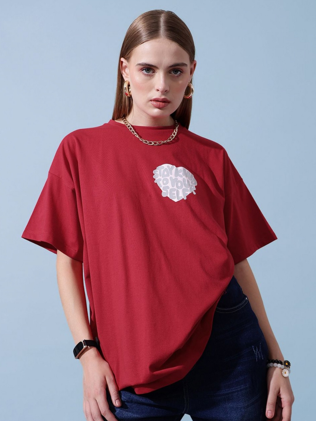 

STREET 9 Women Typography Printed Round Neck Cotton Oversized T-Shirt, Red
