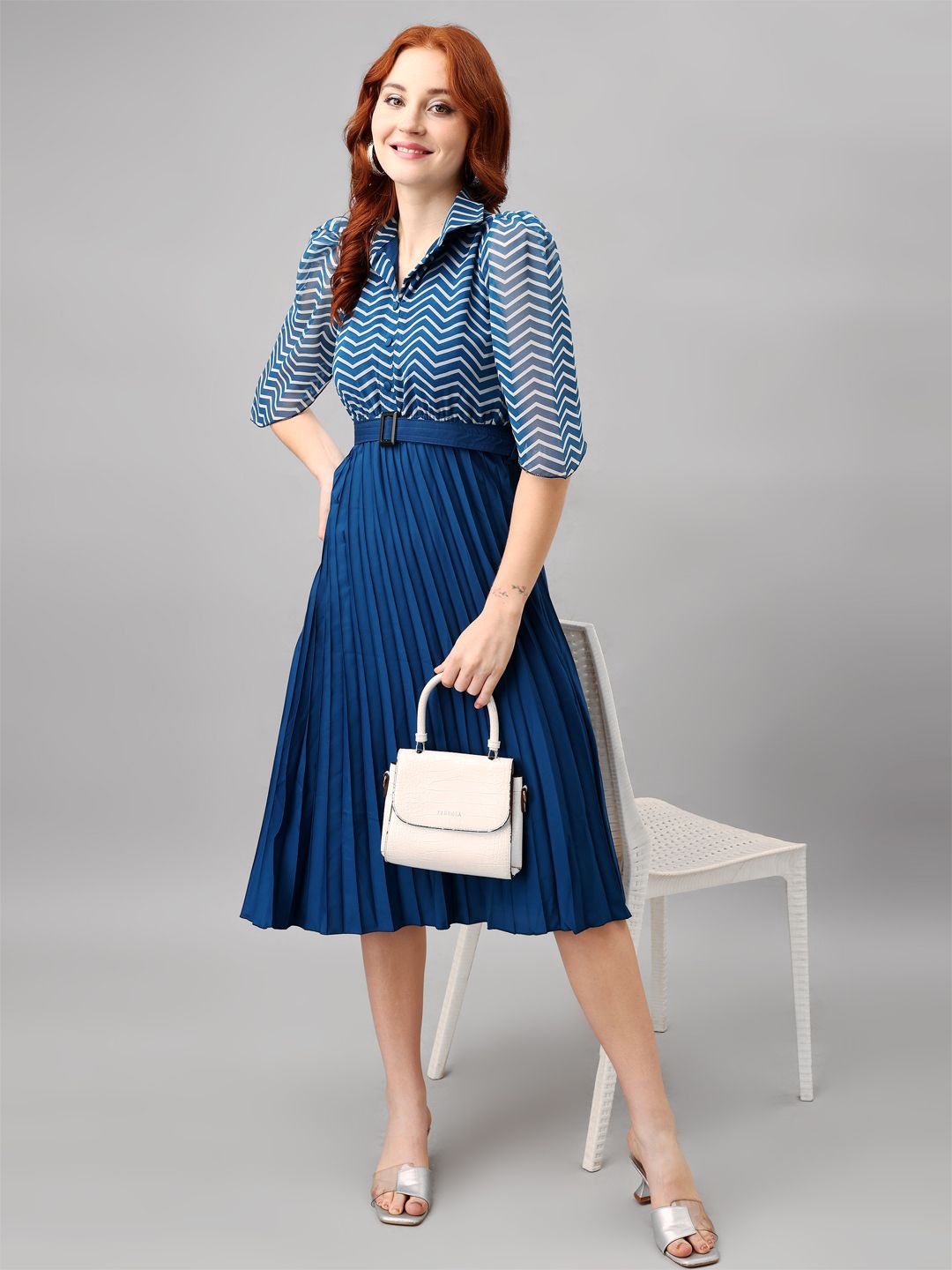 

Femvy Georgette Fit & Flare Midi Dress Comes with a belt, Blue