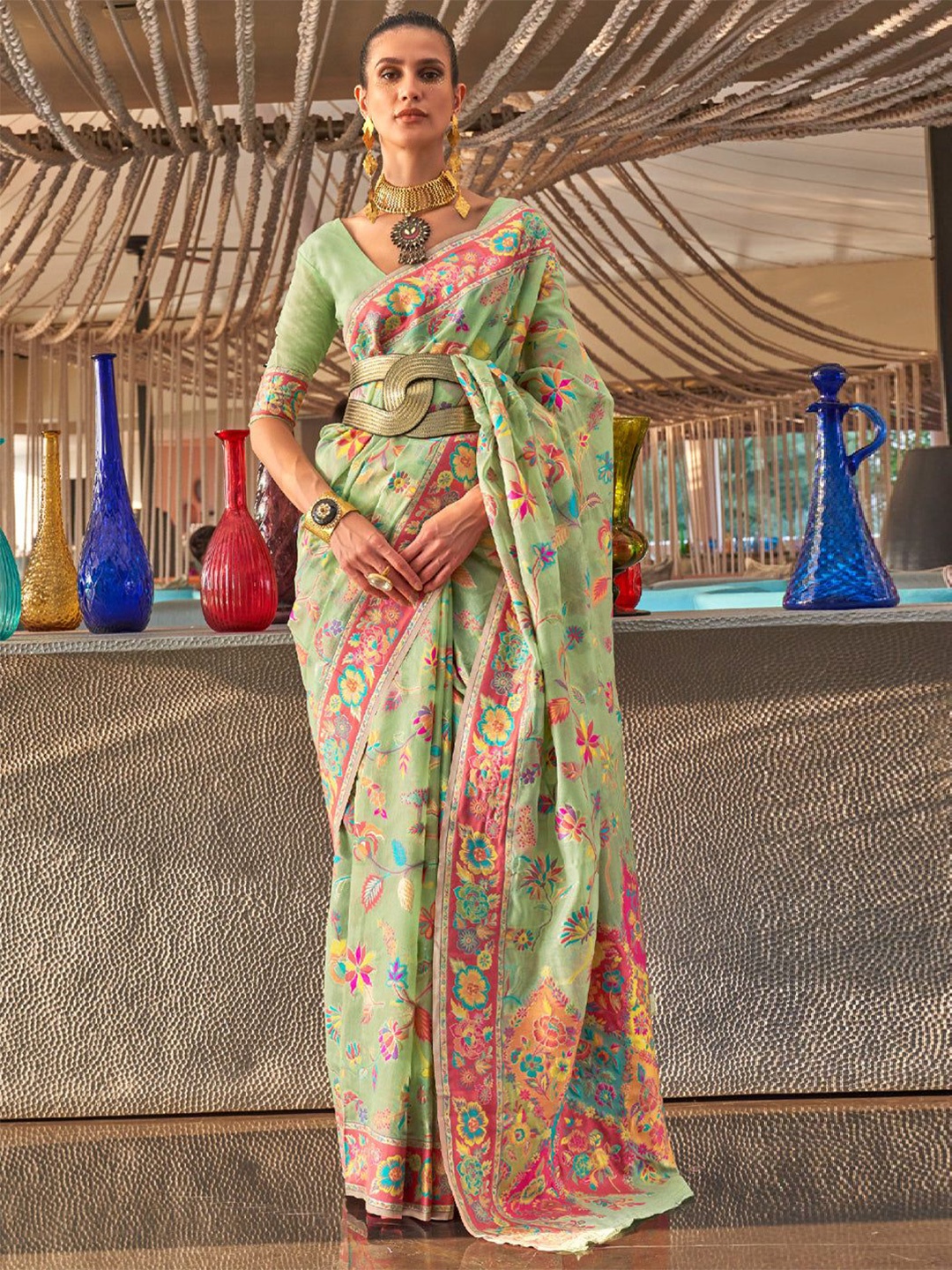

MySilkLove Woven Design Saree, Green