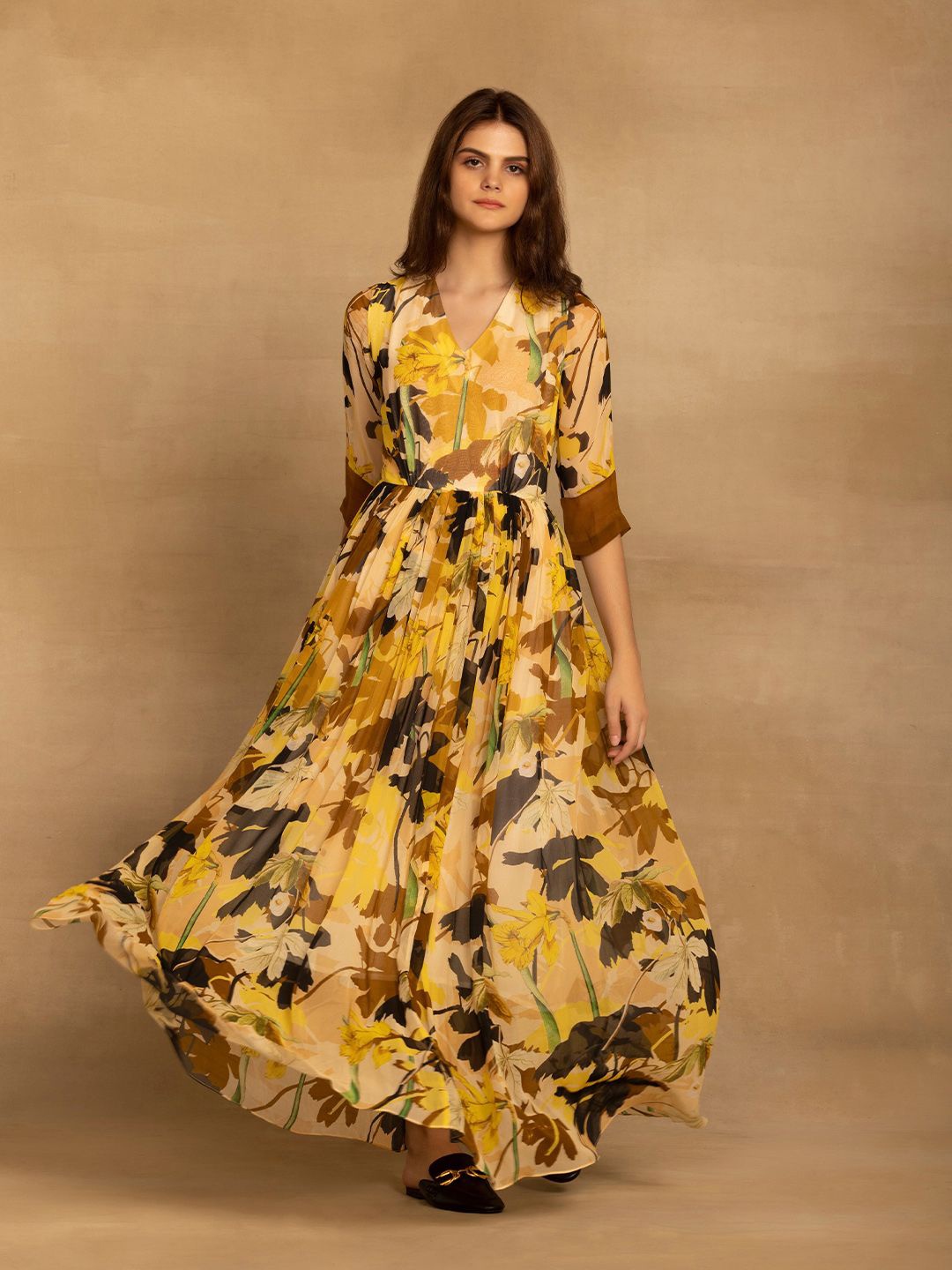 

REENA SHARMA Floral Print Georgette Maxi Dress, Yellow