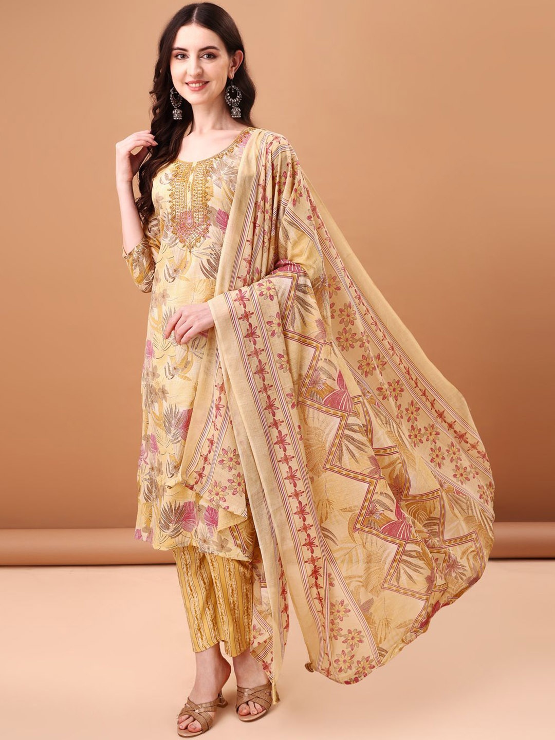 

KALINI Floral Printed Round Neck Thread Work Straight Kurta With Trousers & Dupatta, Mustard