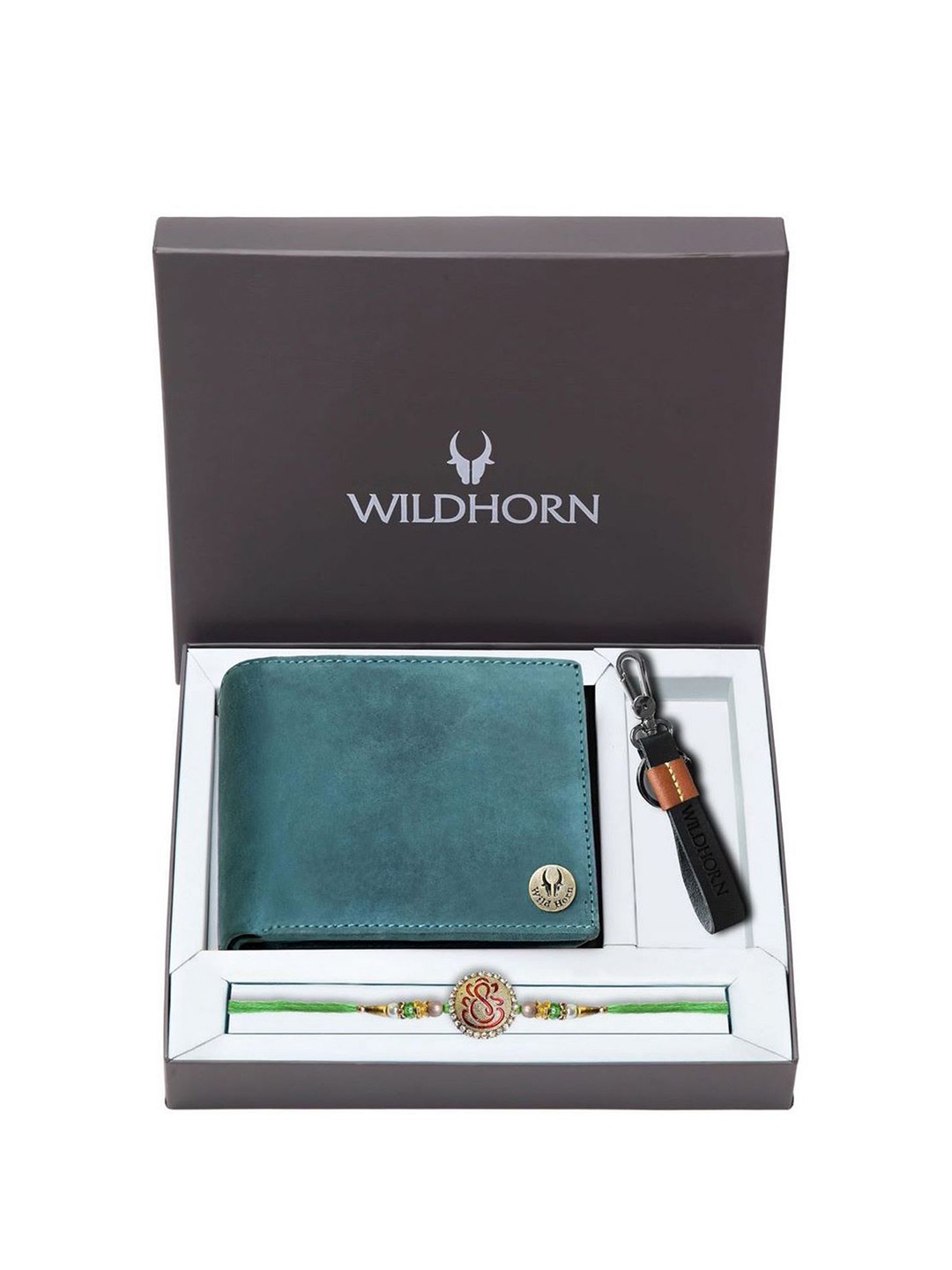 

WildHorn Men Accessory Gift Set Of Wallet Card Holder Keychain With Chocolate & Rakhi, Blue