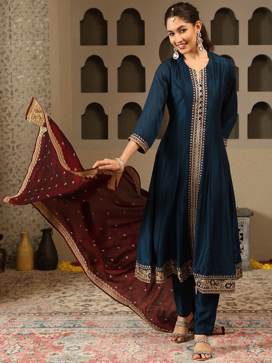 

Meena Bazaar Women Embroidered Empire Patchwork Kurta with Trousers & With Dupatta, Navy blue