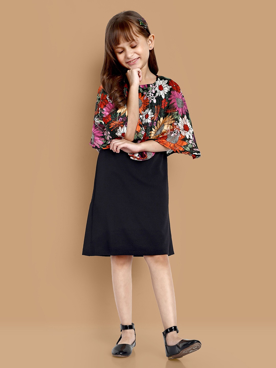 

YK Girls Floral Printed Cape Sleeve A-Line Dress, Pink