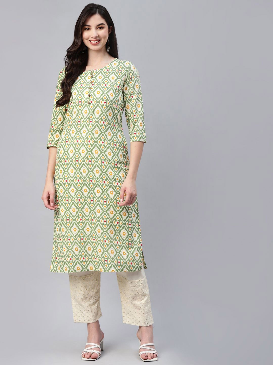 

BAESD Geometric Printed Round Neck Straight Pure Cotton Kurta, Green