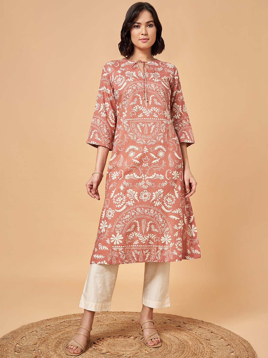 

Marigold Lane Ethnic Motifs Printed Keyhole Neck Kurta, Tan