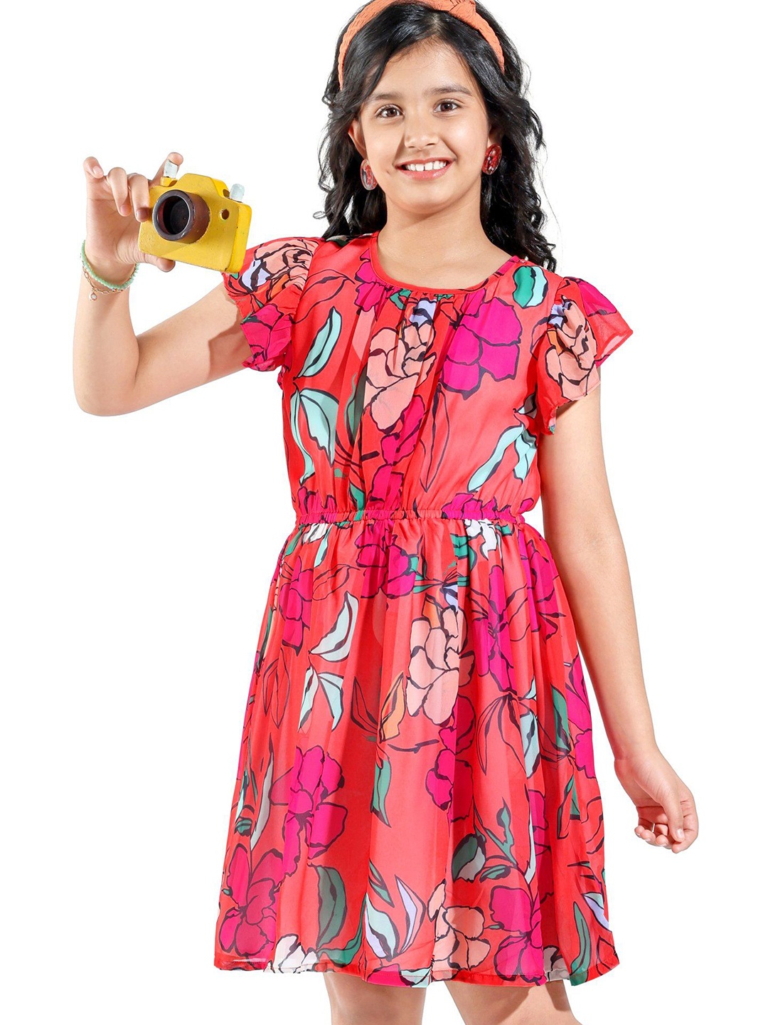 

Hola Bonita Girls Flutter Sleeve Fit & Flare Floral Dress, Red