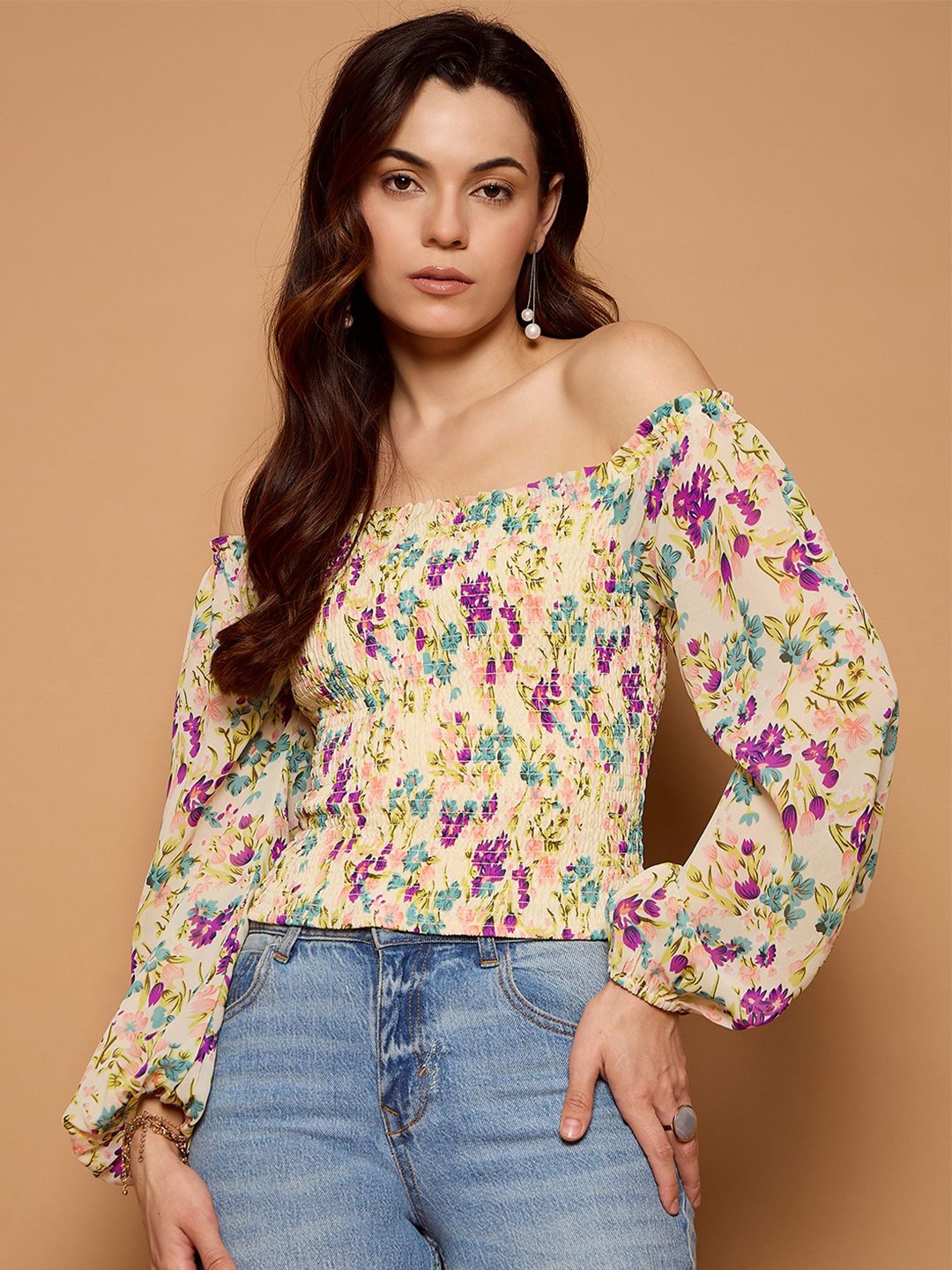 

Kibo Women Floral Printed Off-Shoulder Top, Off white