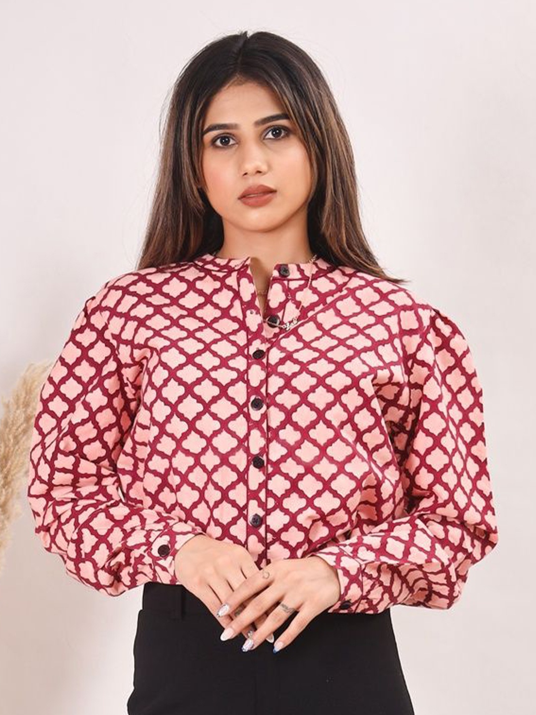

SIDDHO HUM Women New Mandarin Collar Abstract Printed Cotton Casual Shirt, Pink