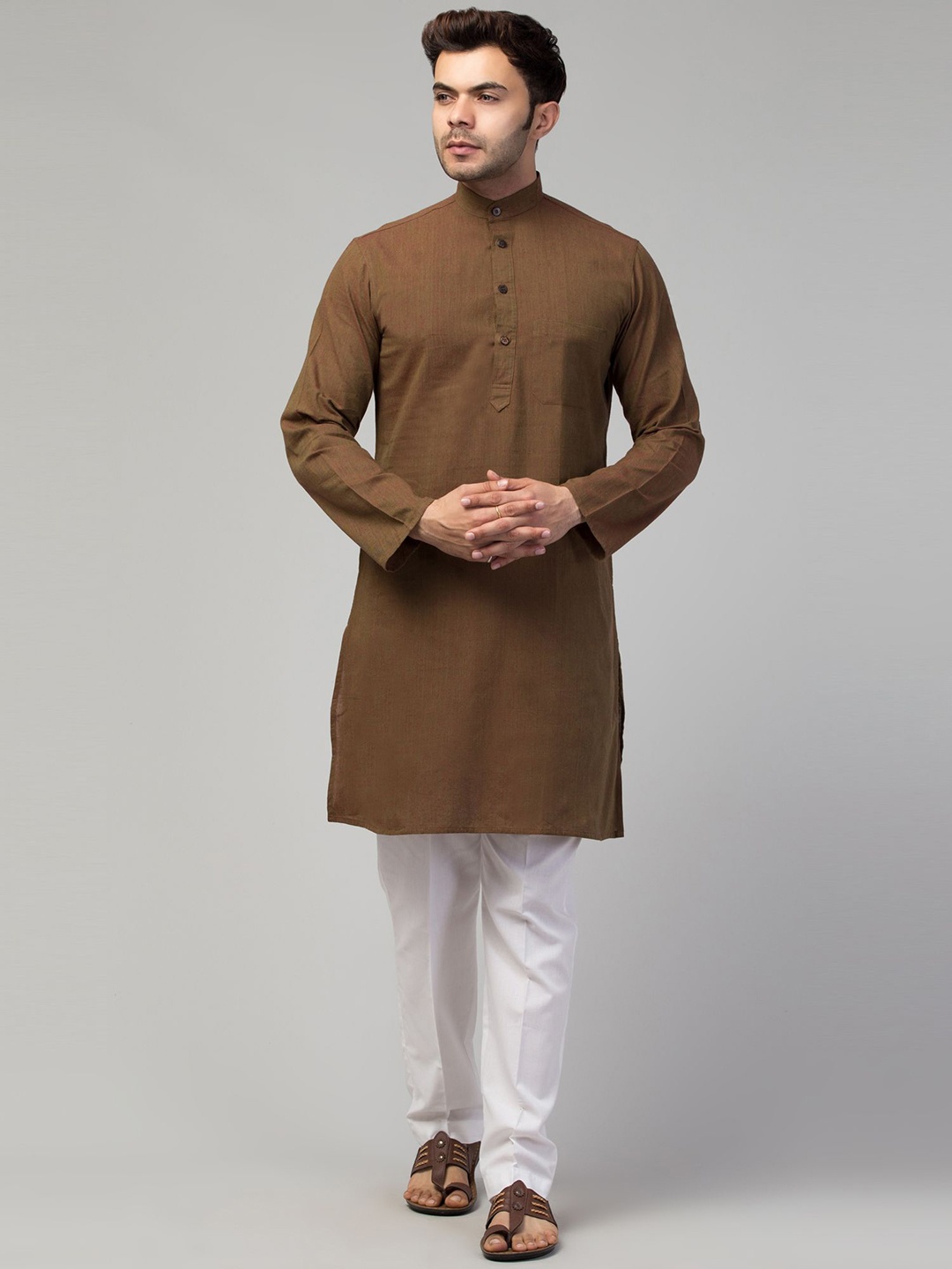 

MUSHKIYA Band Collar Straight Kurta, Brown