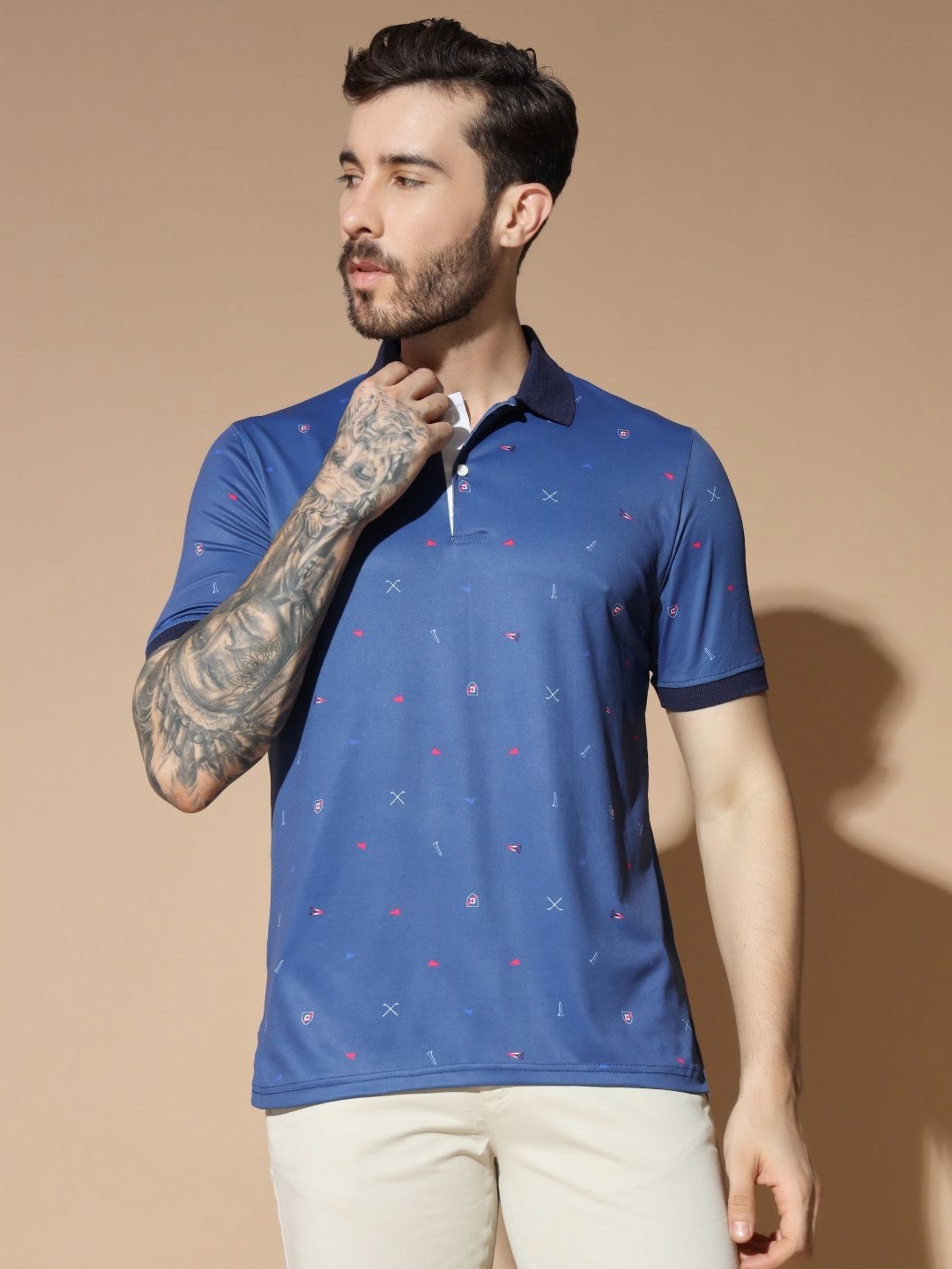 

GLITO Men Conversational Printed Polo Collar T-Shirt, Blue