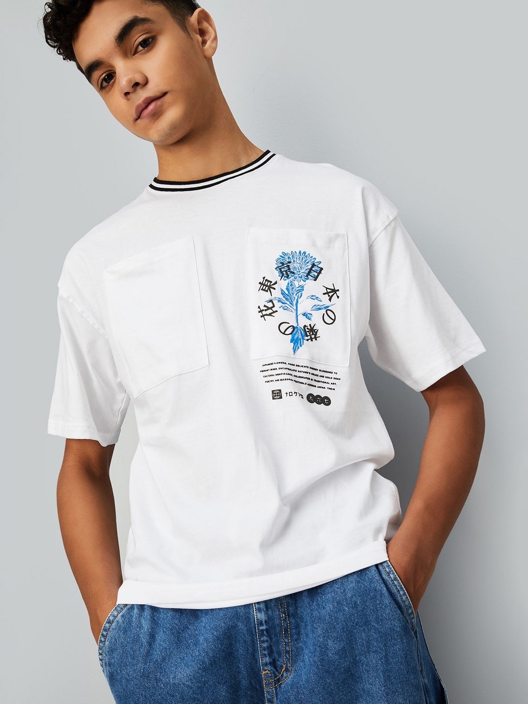

max Boys Floral Printed Round Neck Cotton Oversized T-Shirt, White