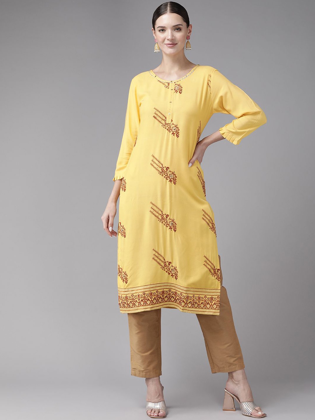 

BAESD Ethnic Motifs Embroidered Round Neck Beads & Stones Pure Cotton Straight Kurta, Yellow