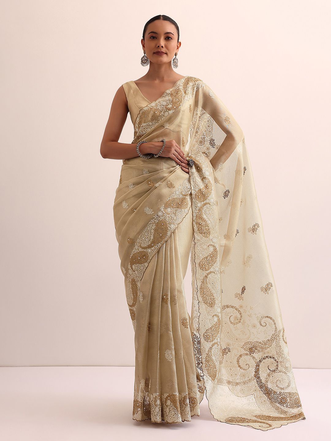 

KALKI Fashion Ethnic Motifs Beads and Stones Chanderi Saree, Beige