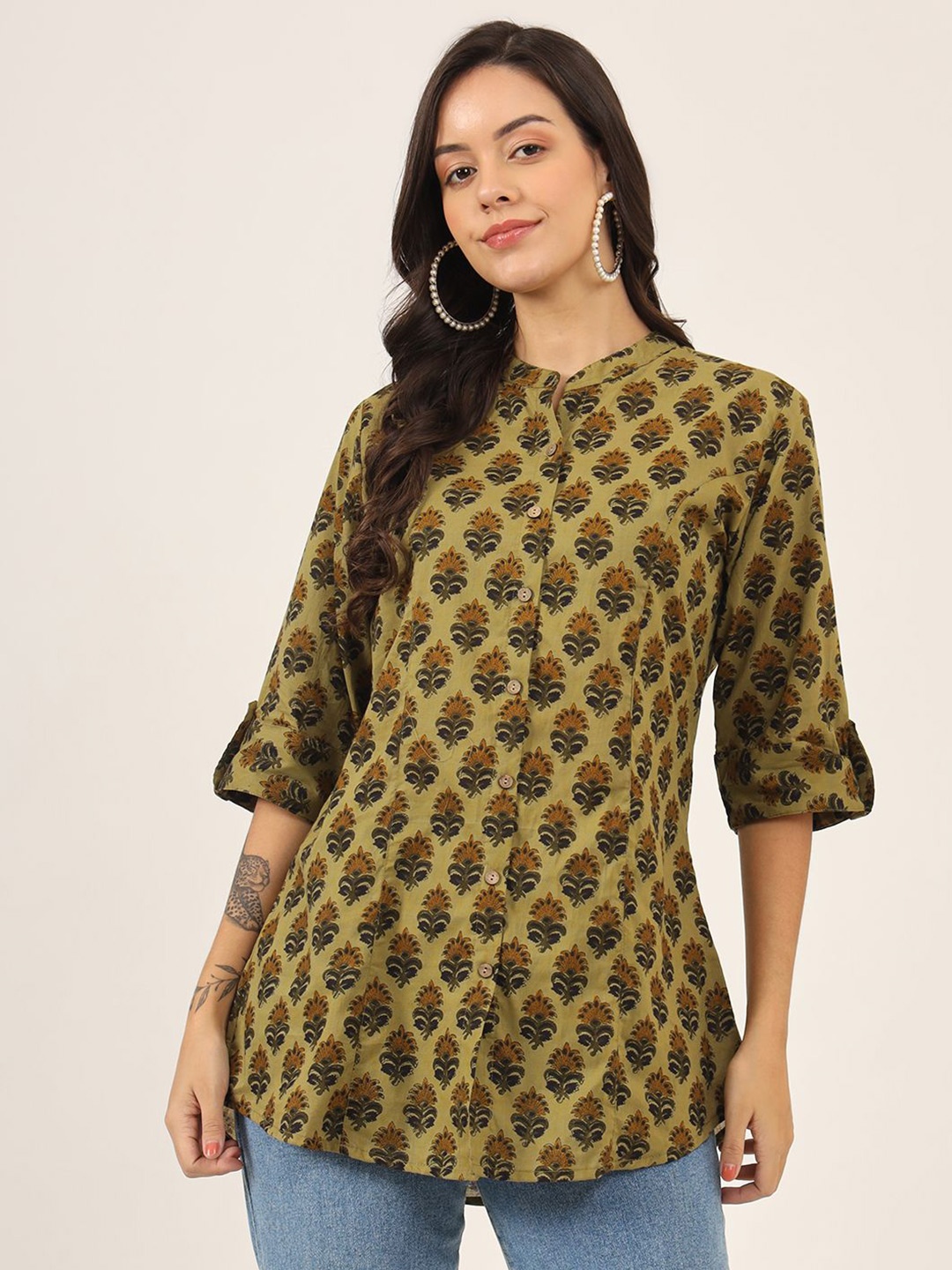 

KALINI Women Floral Printed Mandarin Collar Cotton Top, Green